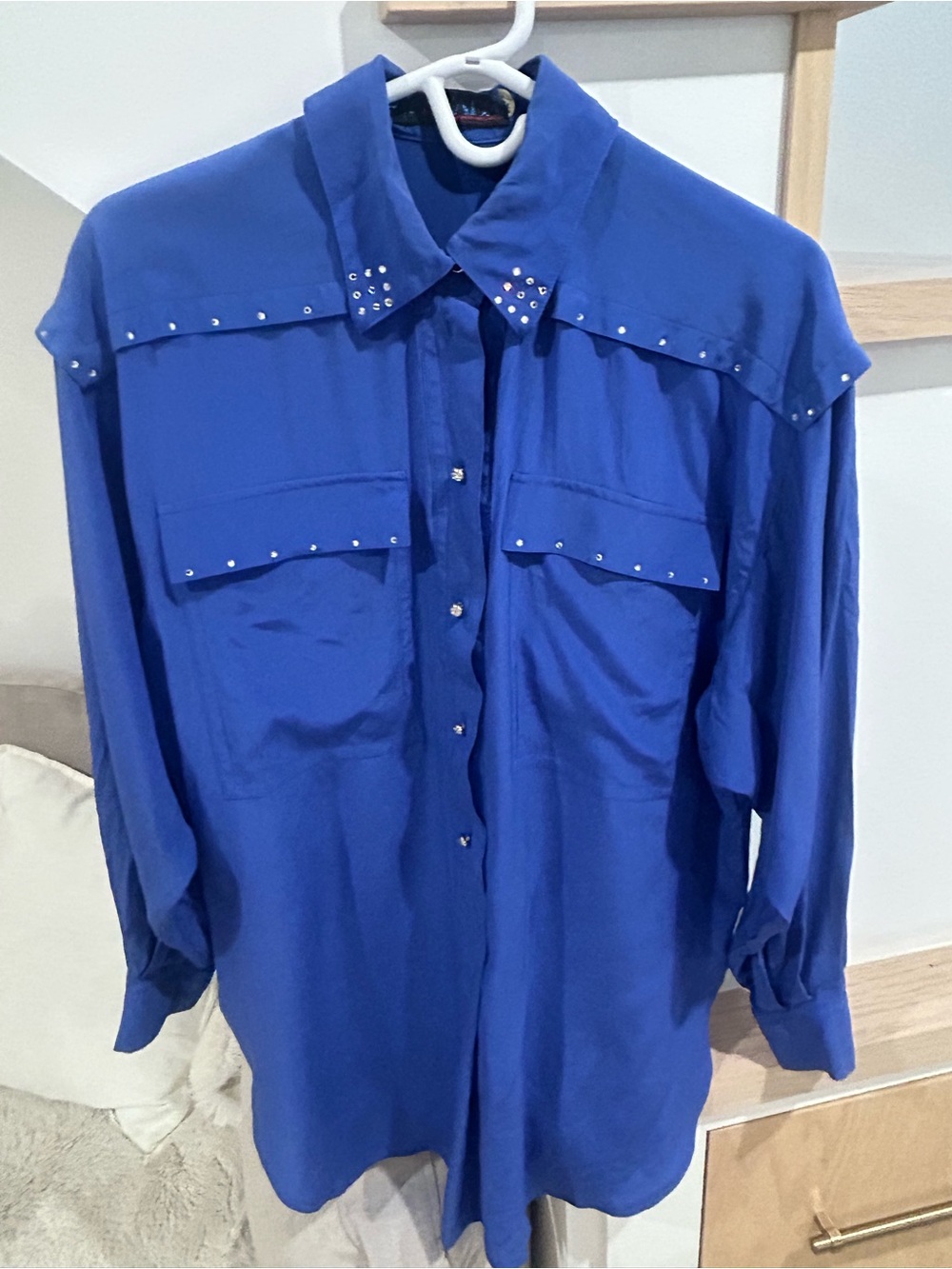 Vintage Escada by Margaretha Ley 100% Silk Rhinestone Studded Blouse Blue